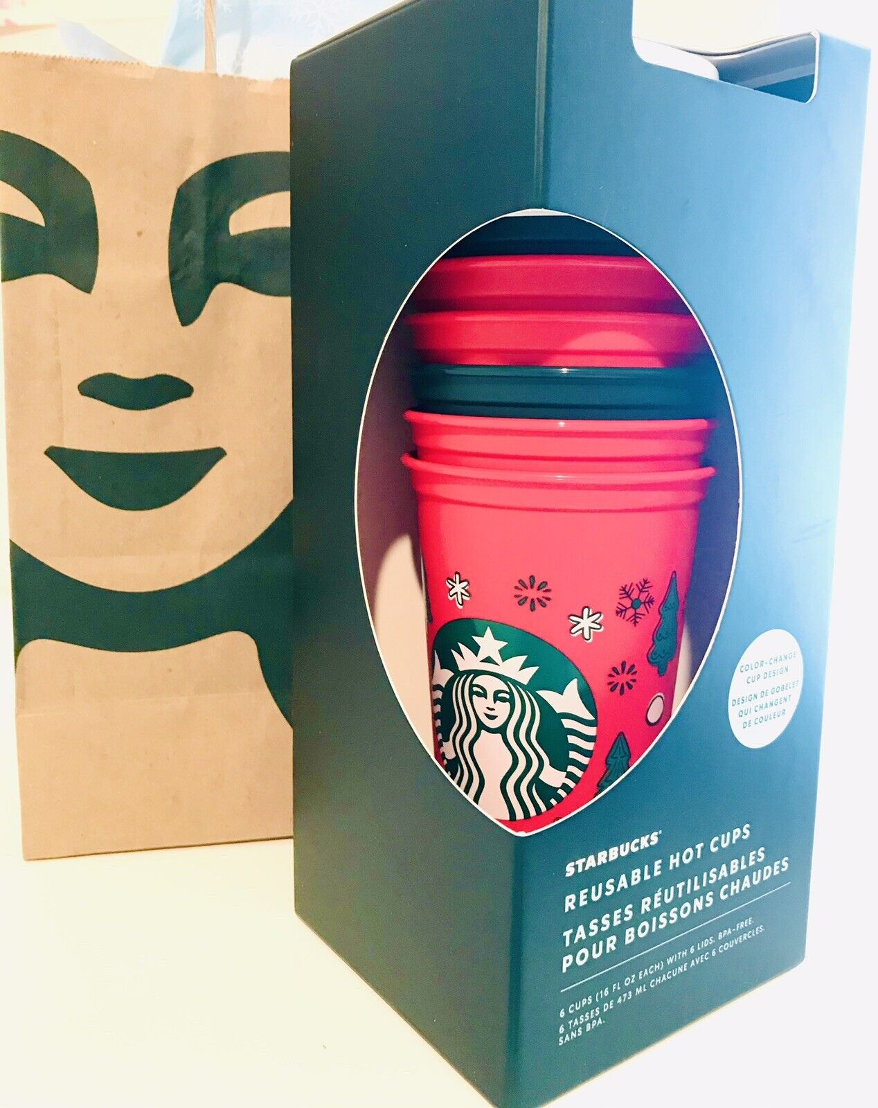 2022 STARBUCKS SET 6 Holiday Color Changing Reusable Hot Cups With Lids NEW 16oz