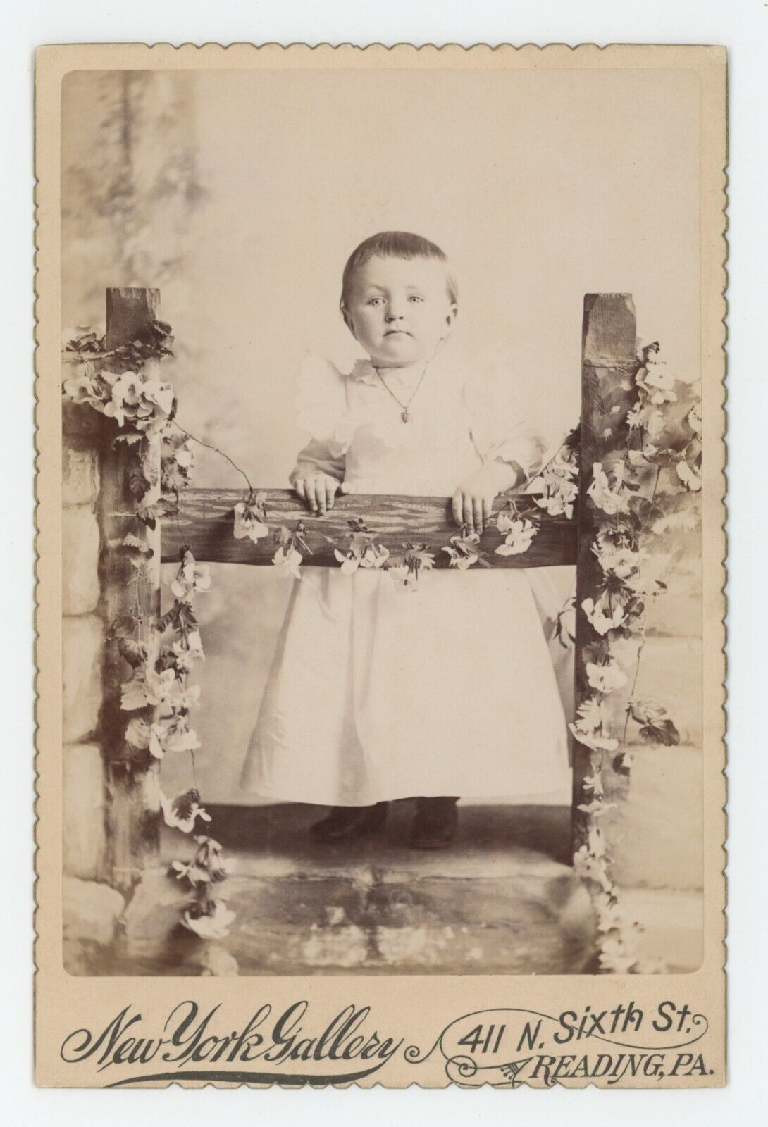Antique c1880s Cabinet Card Adorable Little Girl By Flowers on Fence Reading, PA
