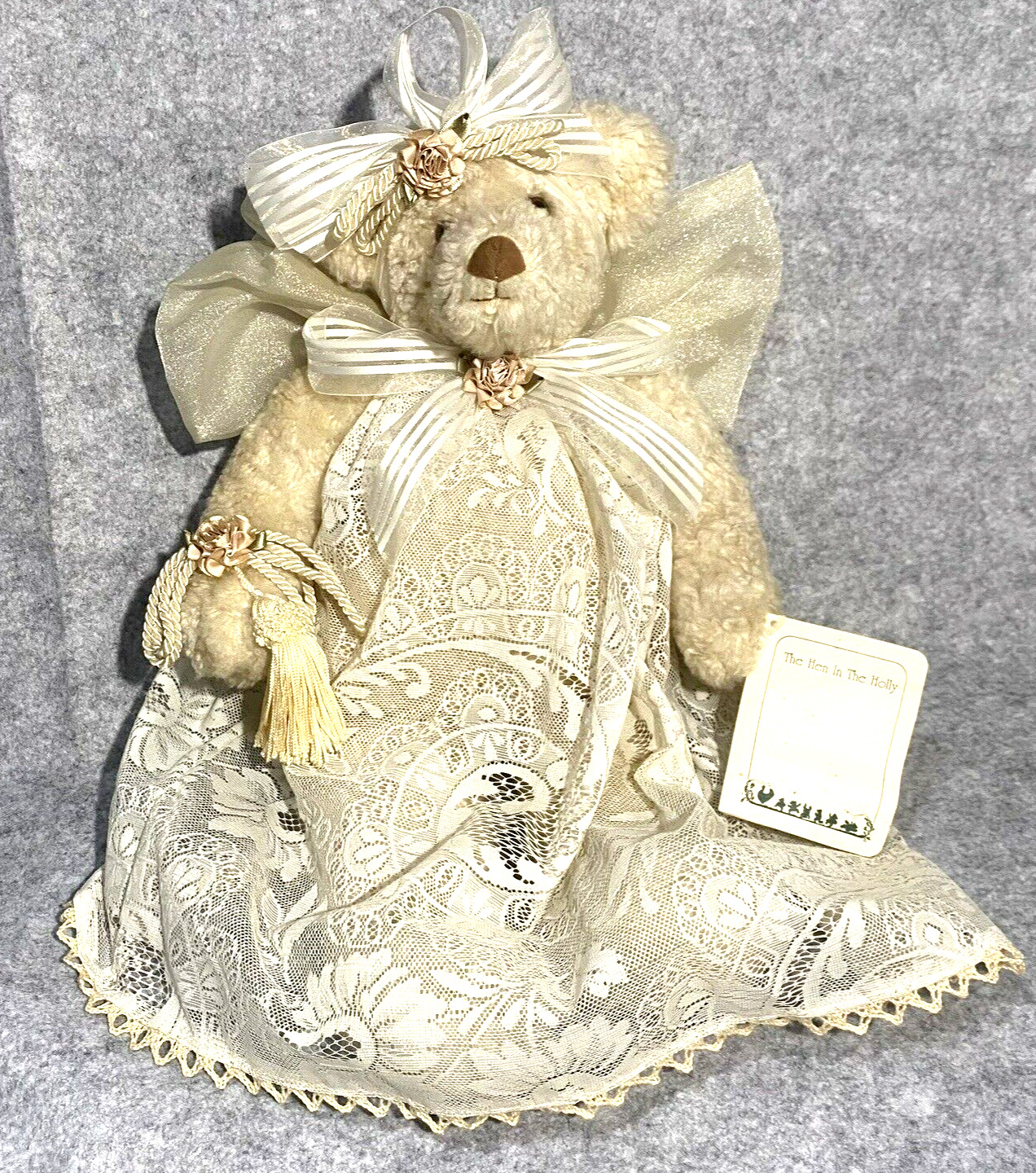 The Hen in the Holly Collectible Bear “Gabriella”  16” Tall Lace bows NWT