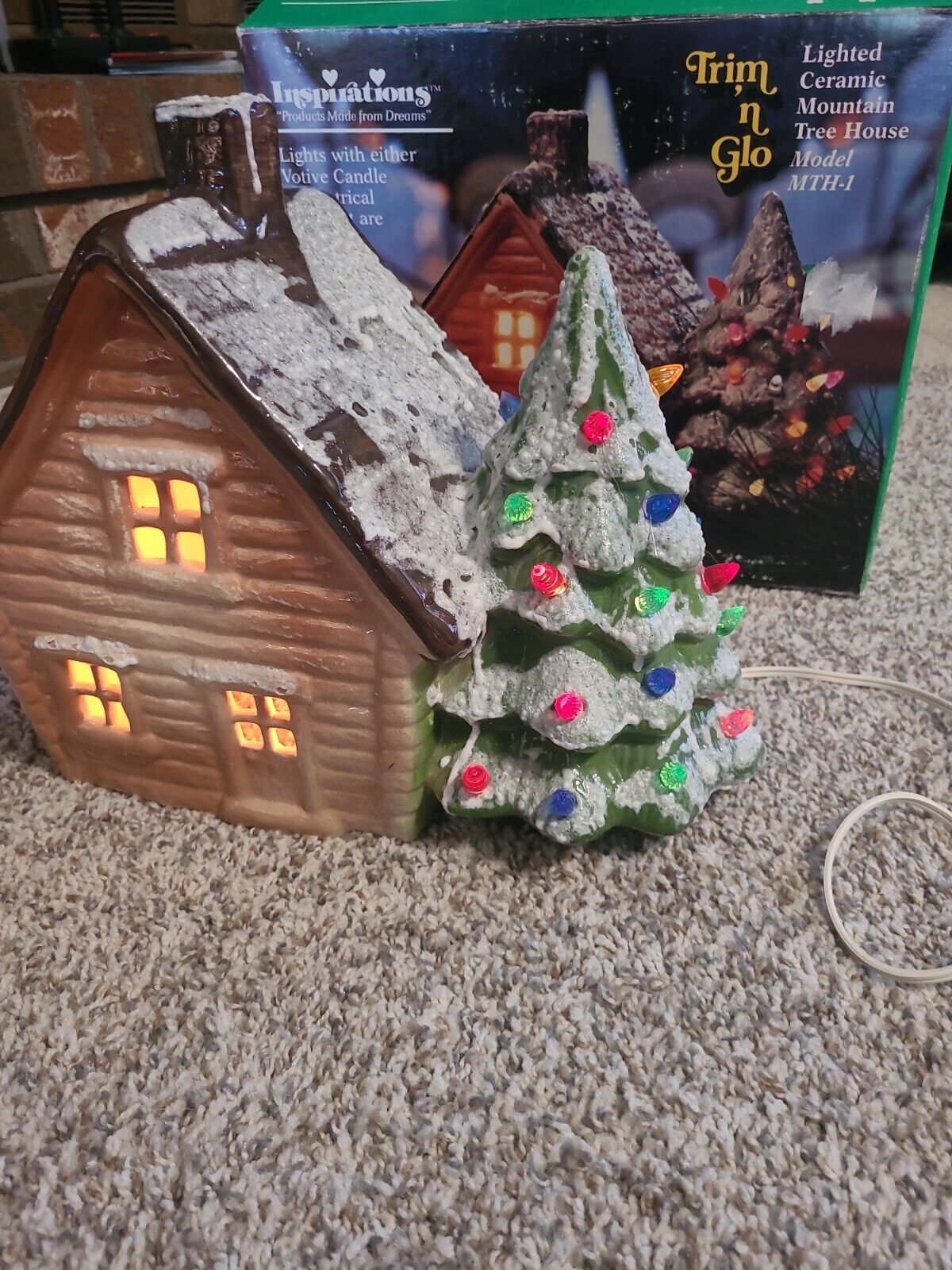 Vintage Marcia Ceramics Trim n Glo Lighted Mountain Tree House Cabin Christmas 