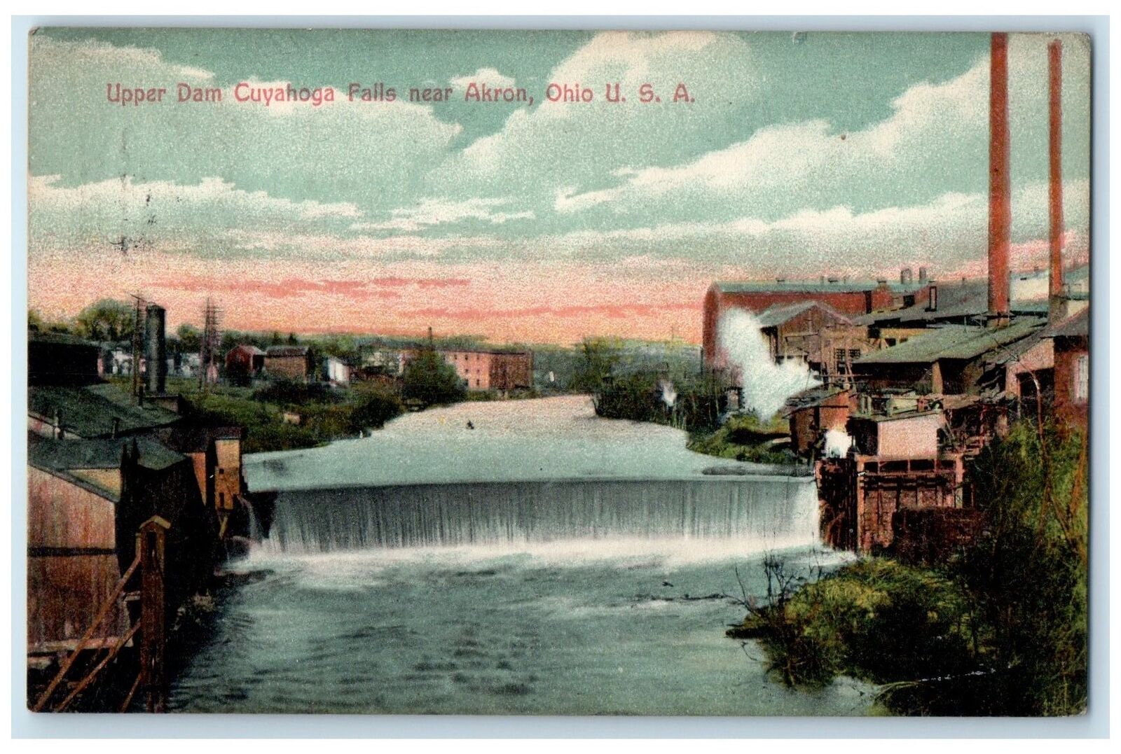 1908 Upper Dam Cuyahoga Falls Scene Near Akron Ohio OH Posted Vintage Postcard