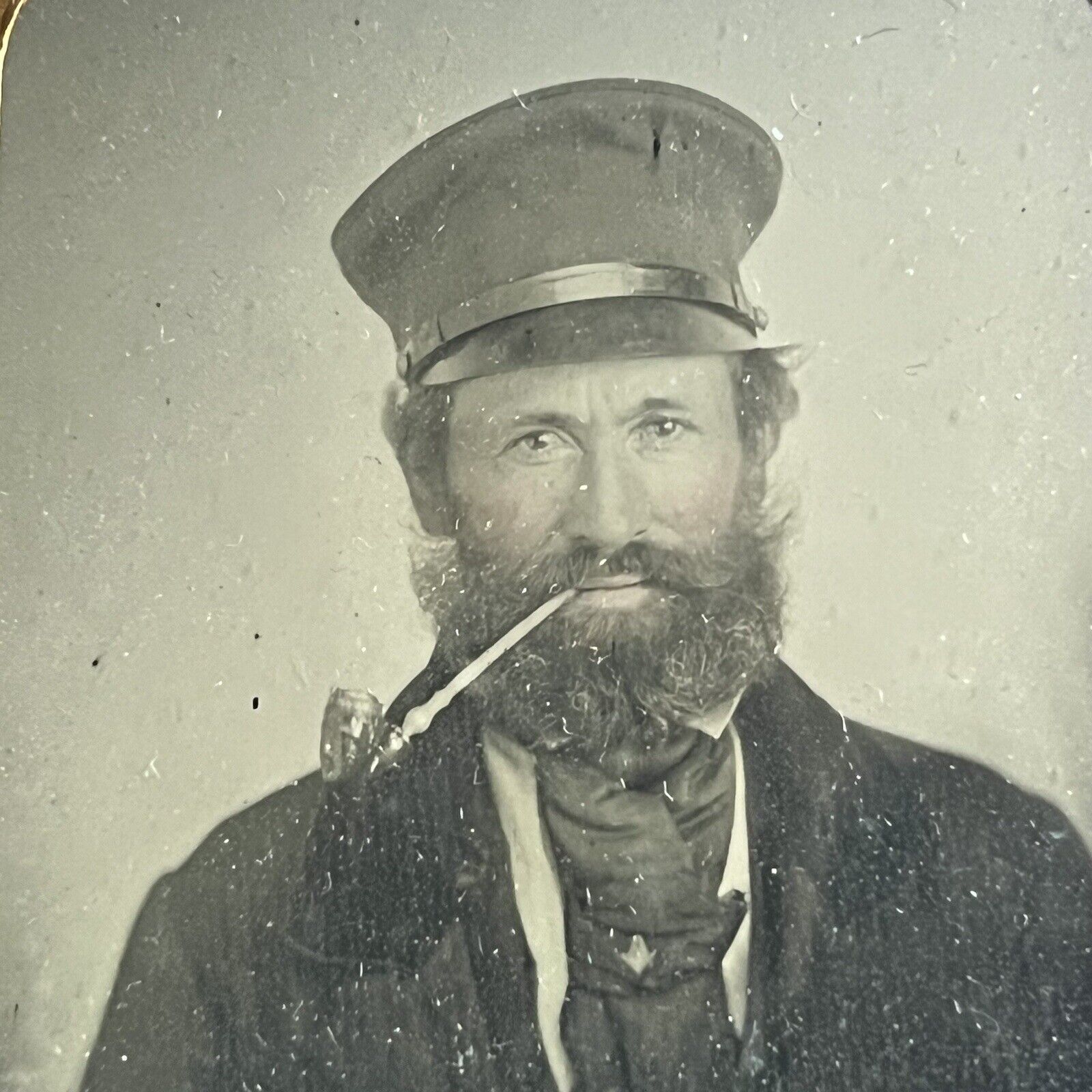 Antique Ambrotype Photograph Charming Man Beard Ship Captain Hat Pipe In Mouth