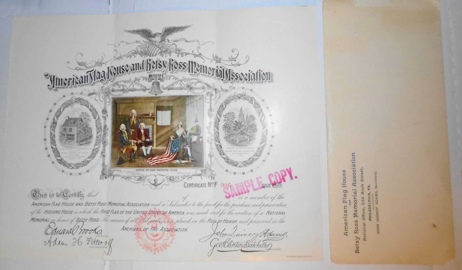 American Flag House & Betsy Ross Memorial Association 1899 - Sample Certificate 