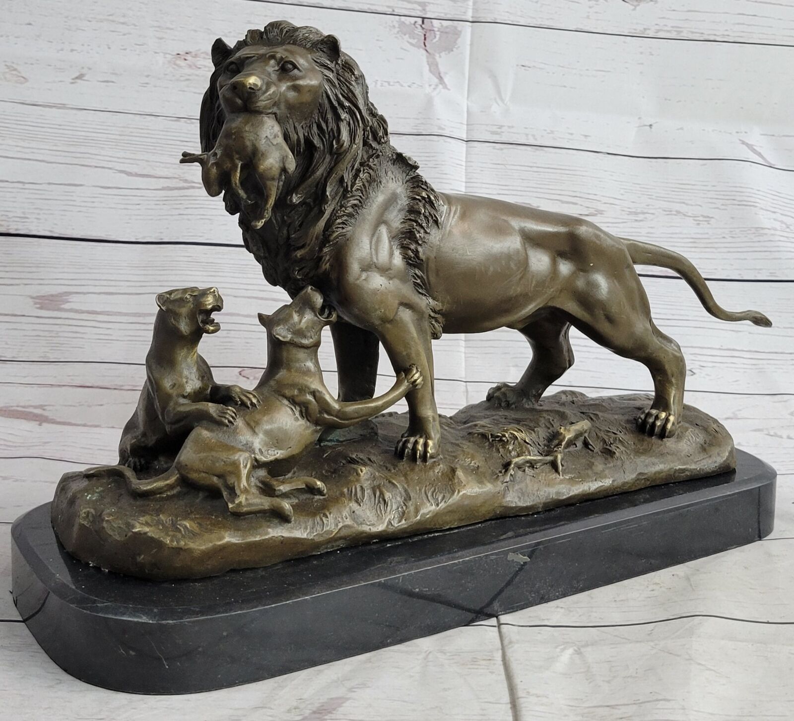 Elegant Classical Family Lion 100% Solid Bronze Marble Statue Sculpture Decor
