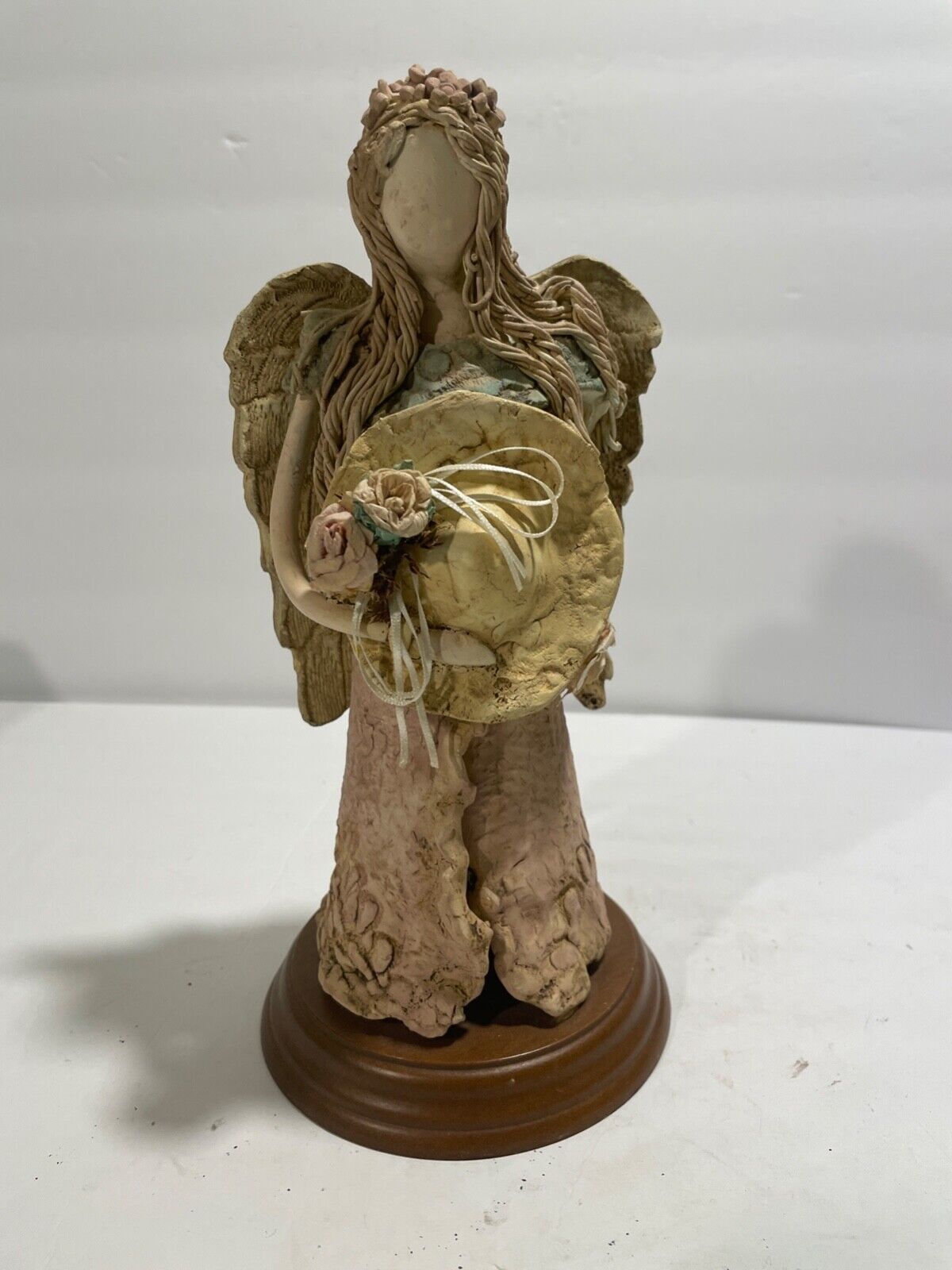 Whimsical Primitive Country Clay Angel Sculpture On Wood Base