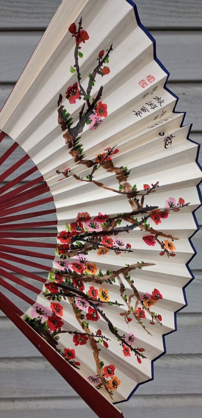 Vtg/Est- 1980s Japan Souvenir 2-sided Hand Paint Paper Floral Fan Decor; 12\