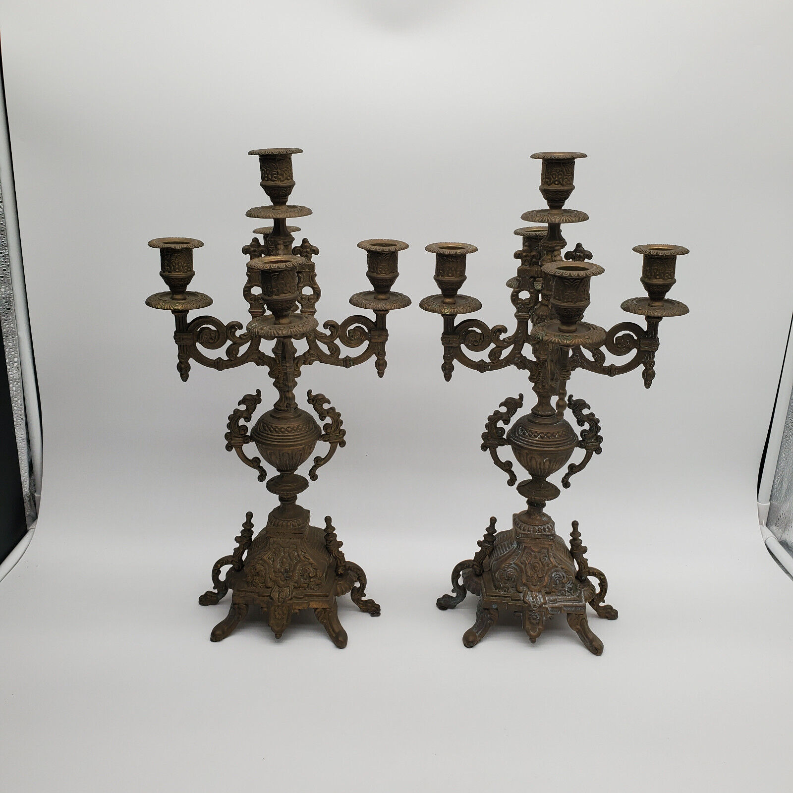 2 Vintage Ornate Brass 5 Candle Holder Candelabra