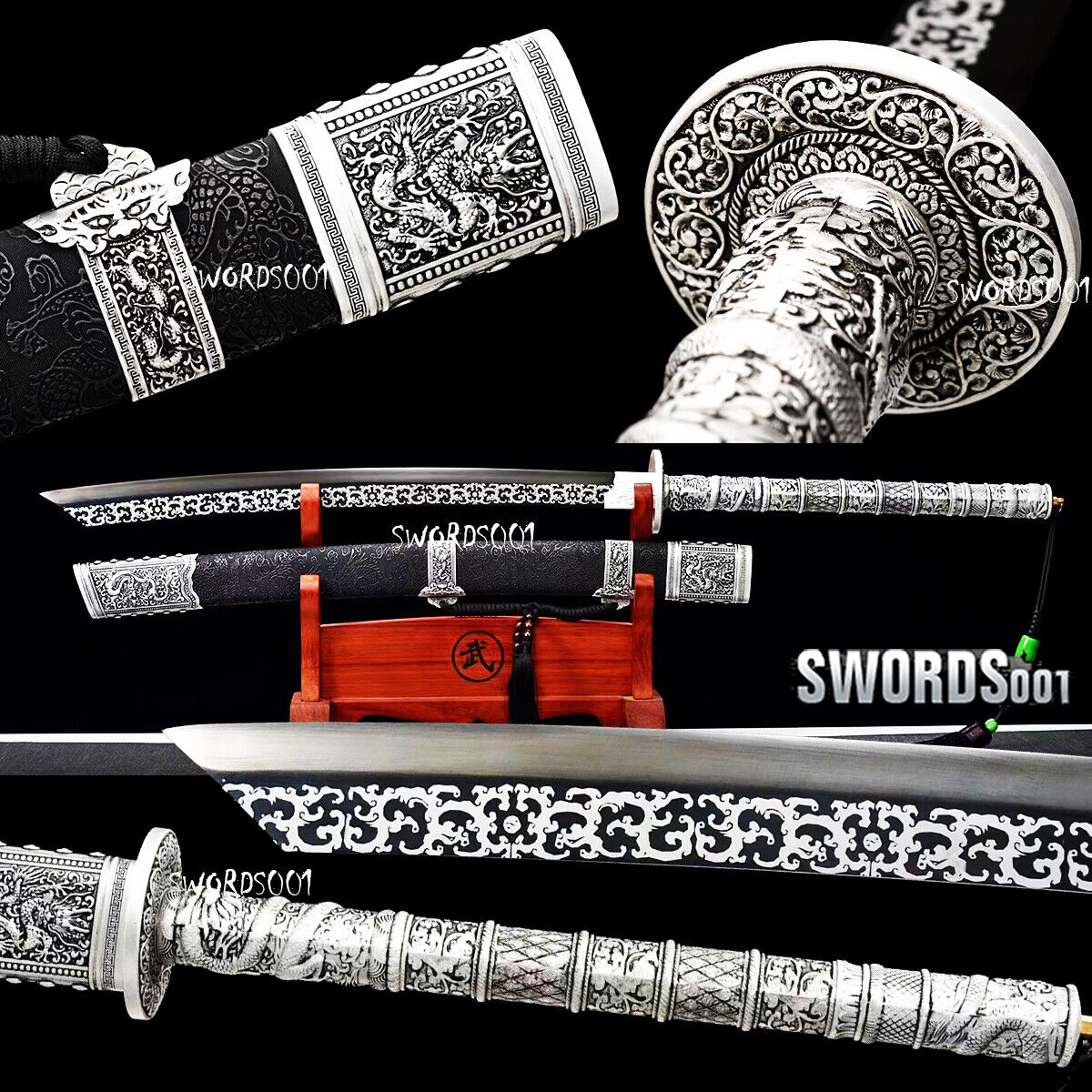 Black Silvery Long Handle Sword Chinese Emperor Broadsword Dragon fittings