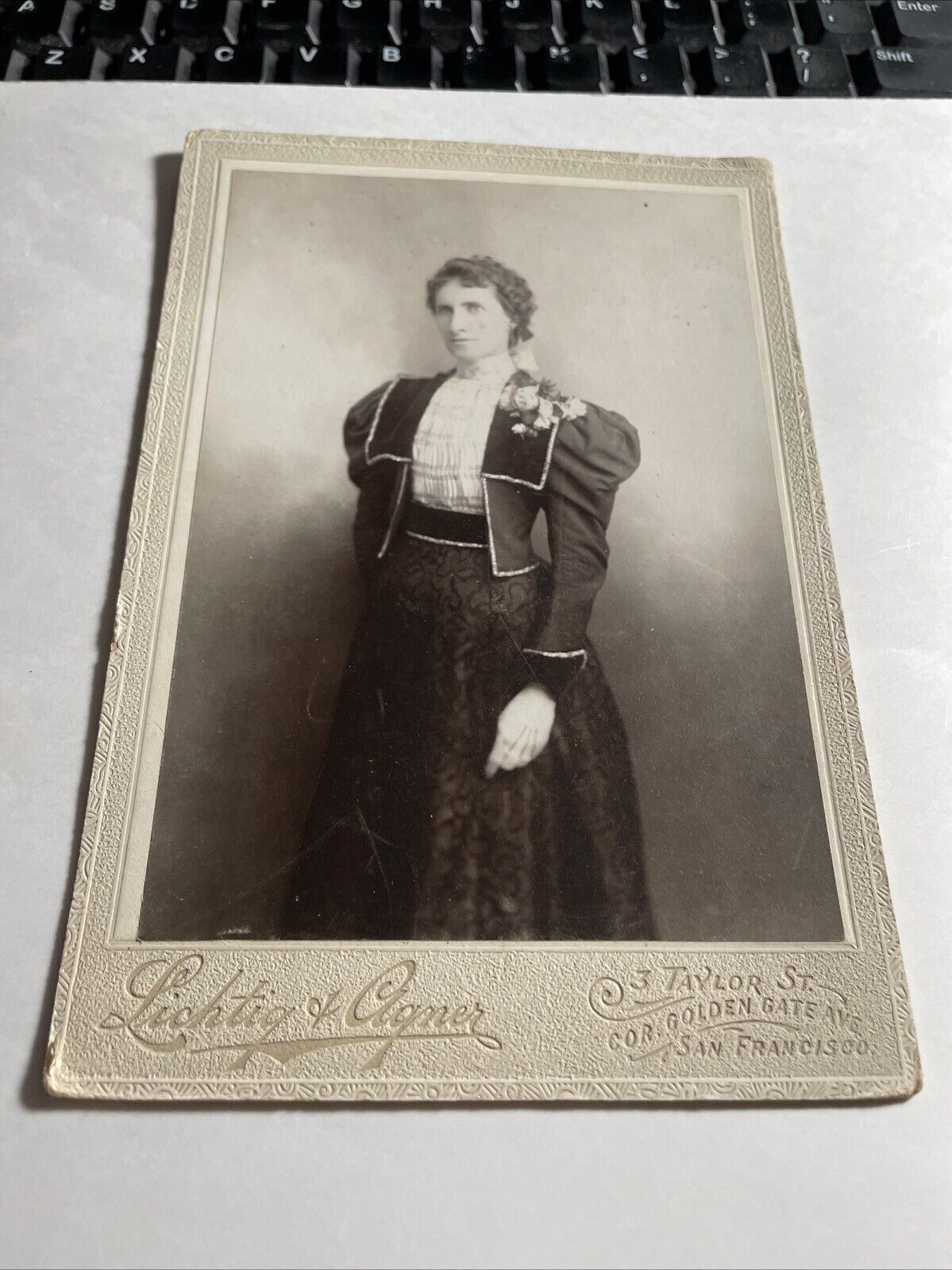 Cabinet Card 1898 S. F, CA,  ID VICTORIAN LADY LARGE PUFF SLEEVE SUIT CORSAGE