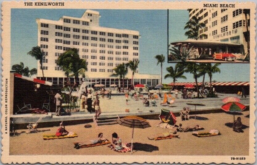 MIAMI BEACH, Florida Postcard THE KENILWORTH HOTEL Beach Scene / Curteich LINEN