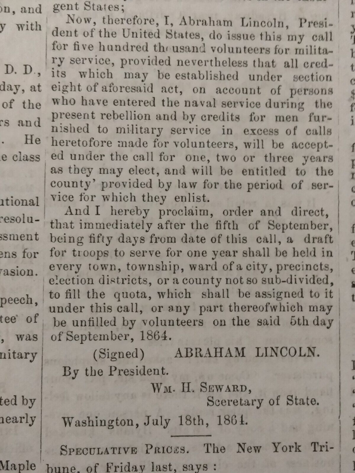 Civil War Newspapers-LINCOLN PROCLAMATION- 500,000 MORE TROOPS, HORACE GREELEY 