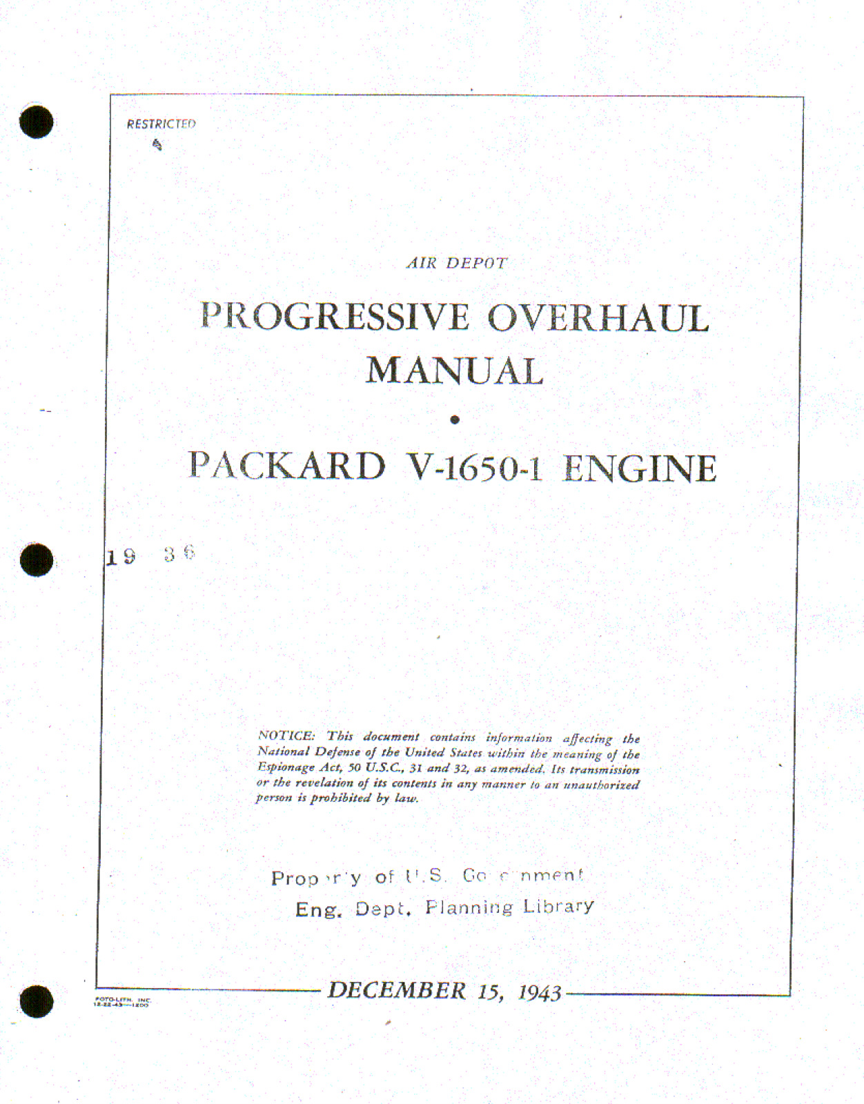 120 Page Air Depot Progressive Overhaul Manual Packard V-1650-1 Engine on CD