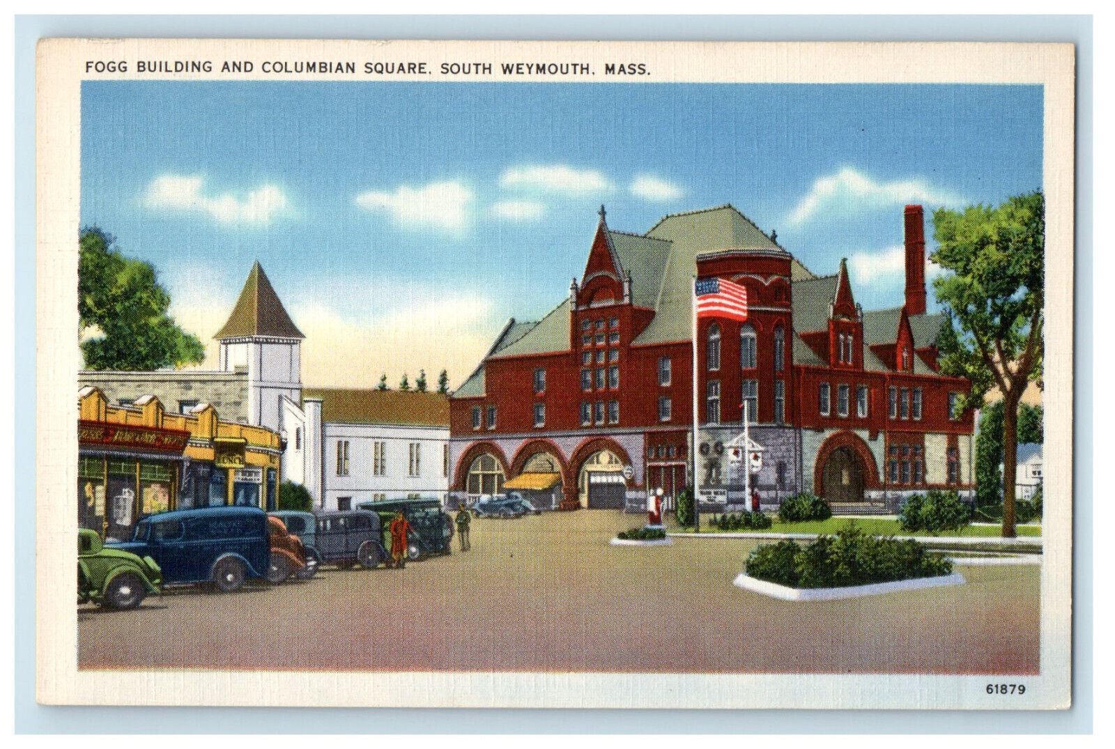 c1930s Fogg Building and Columbian Square South Weymouth MA Postcard