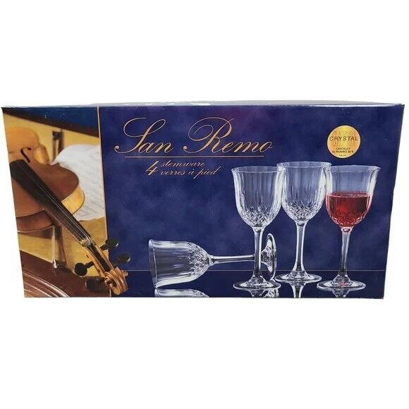 San Remo Set of 4 Italian Capri Lead Crystal Diamond Cut Wine Glasses Stemware