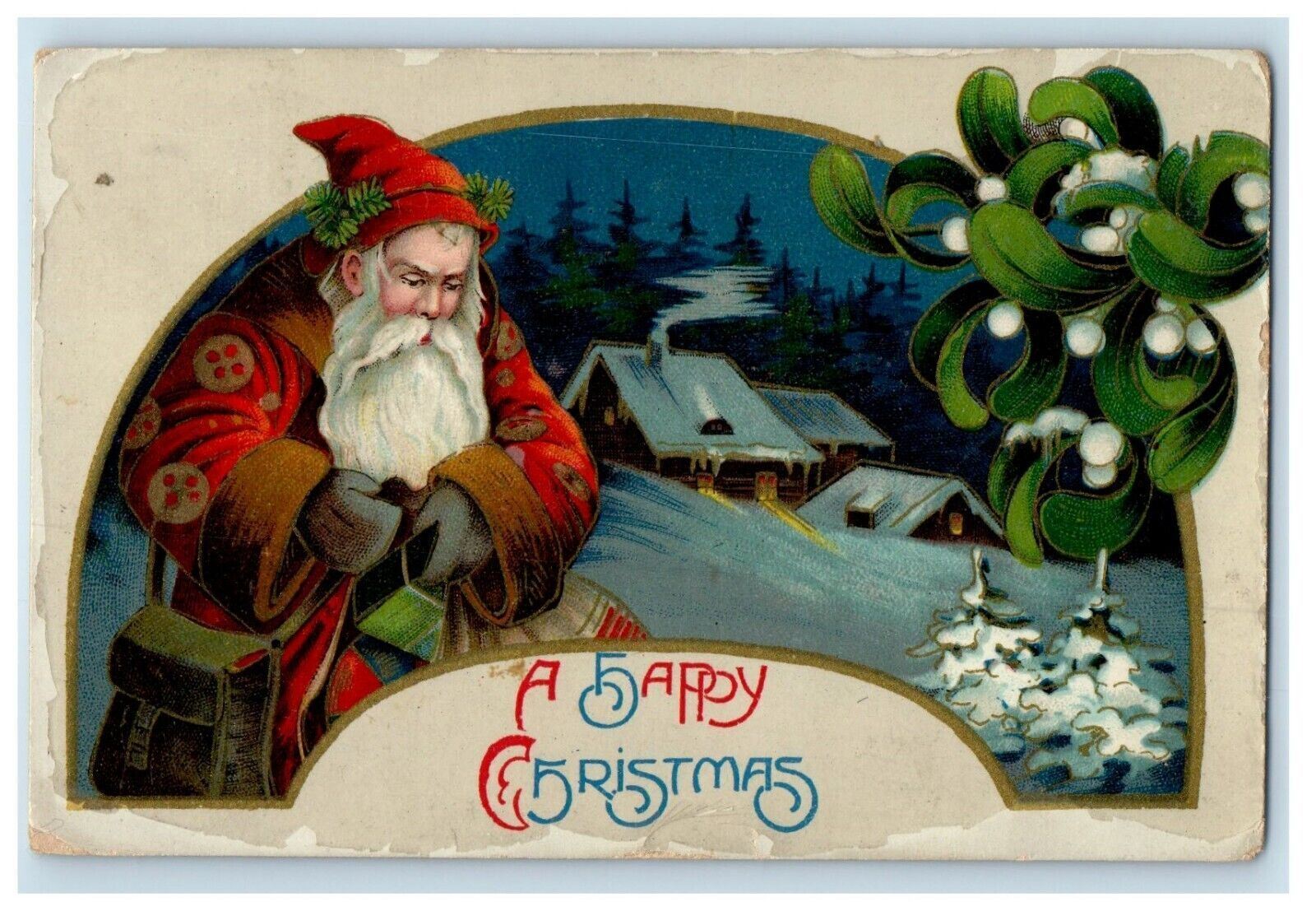 1912 Christmas Old World Santa Gel Cottage Red Satchel Beard Posted Postcard