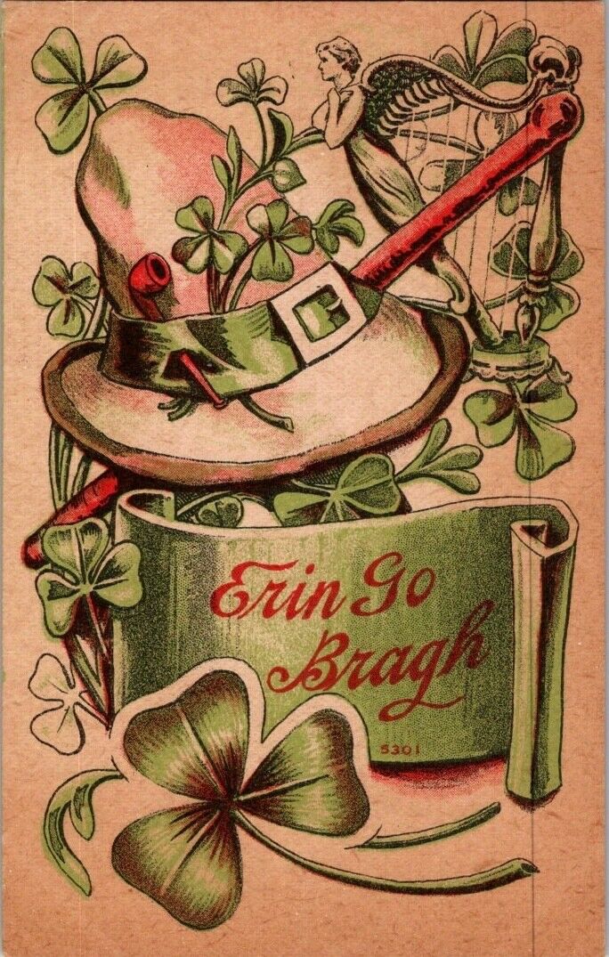Antique St Patrick's Day Erin Go Bragh Hat Clovers Harp Postcard