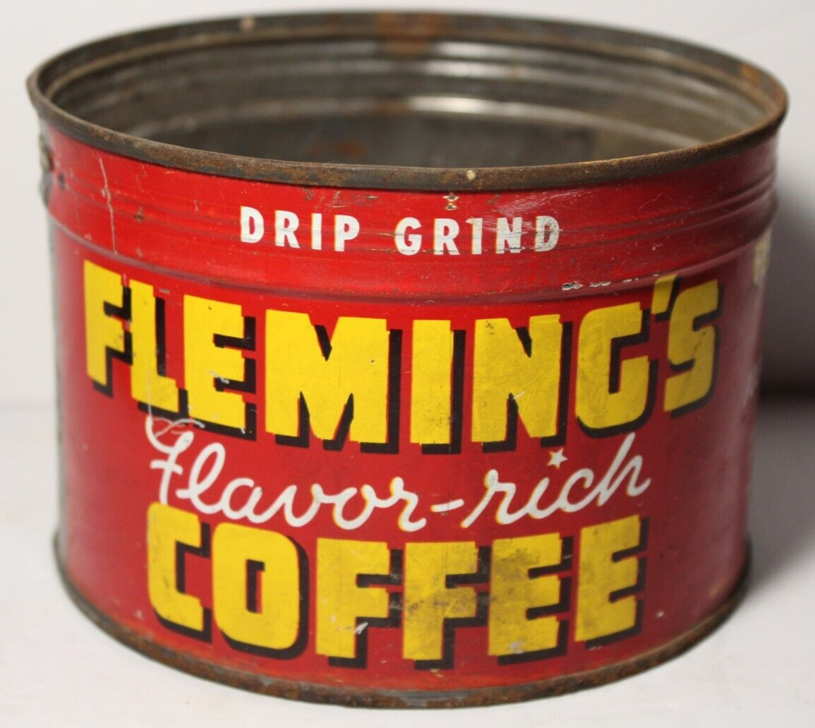 1950s Old Vintage FLEMING COFFEE KEYWIND COFFEE TIN 1 POUND KANSAS CITY MISSOURI