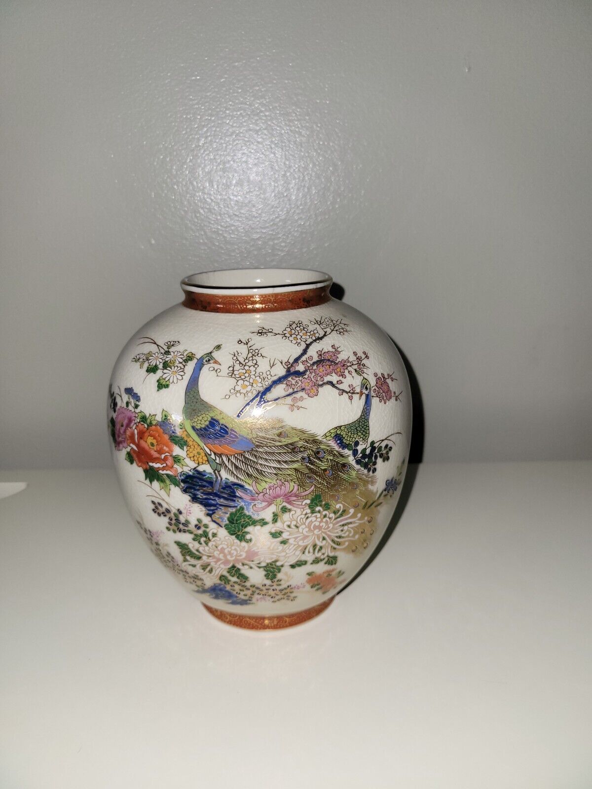 Vintage Satsuma Porcelain Vase With Peacock & Peahen 7.5
