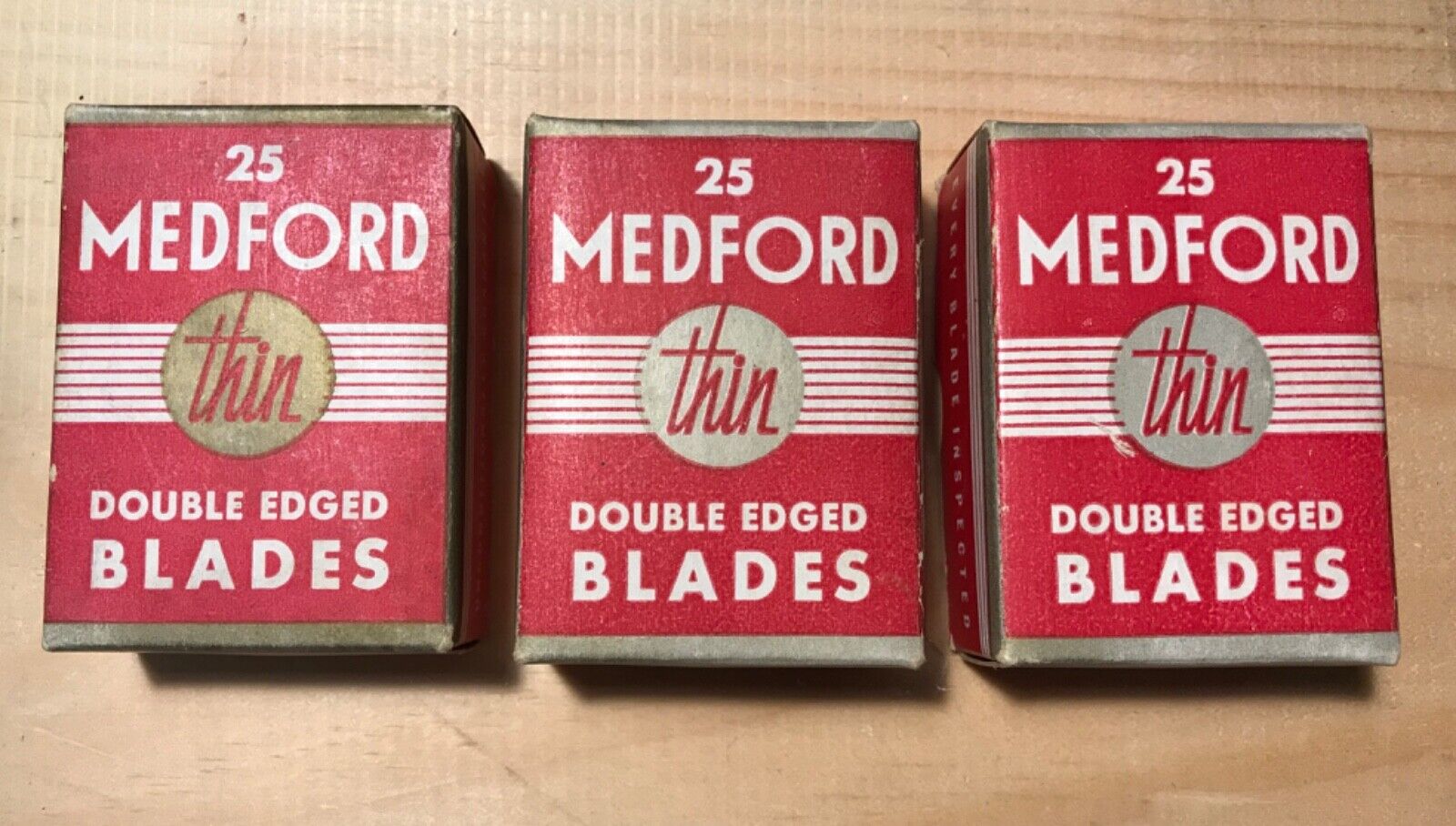 RARE VINTAGE 2 FULL AND 1 PARTIAL BOX OF MEDFORD DOUBLE EDGED BLADES WITH VAULT