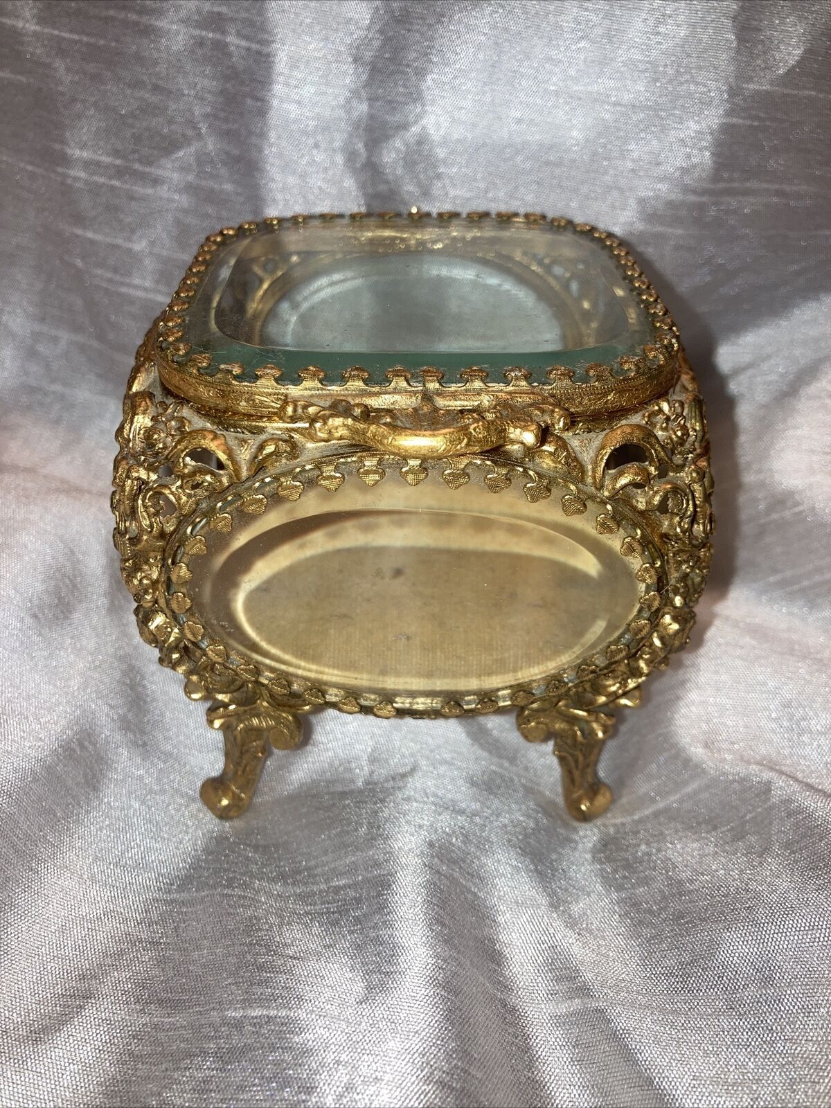 Antique Victorian Beveled Glass Brass Ormolu Filigree Jewelry Box Casket Box