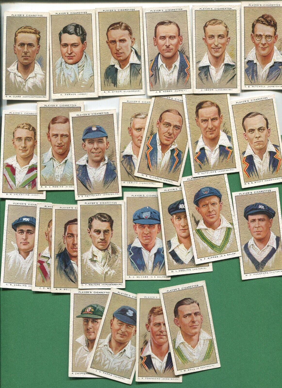 1934 JOHN PLAYER & SONS CIGARETTES CRICKETERS, 1934 25 TOBACCO CARD LOT