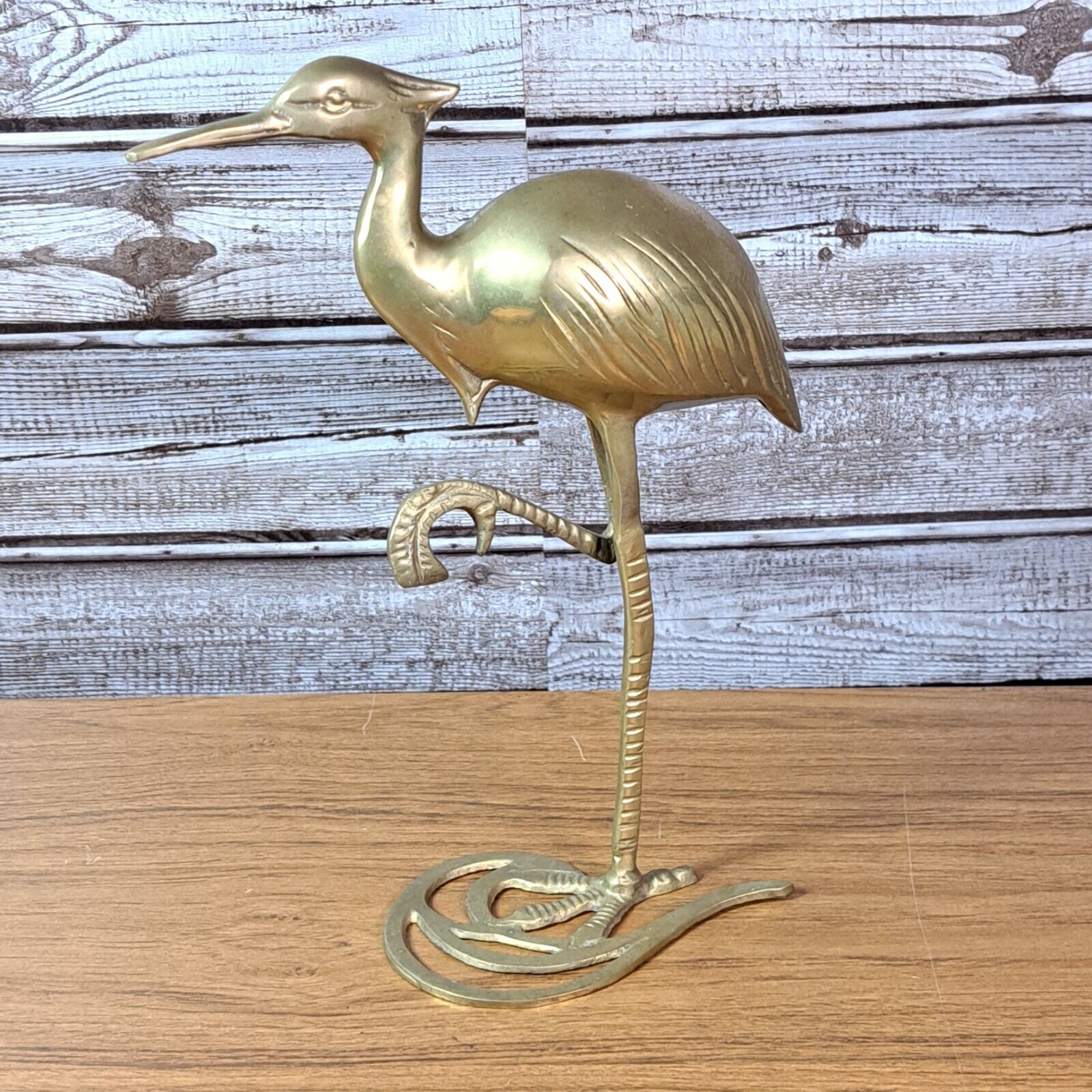 Vintage Brass Crane Egret Heron Bird Figurine MCM 10” Tall Sculpture Leg Up