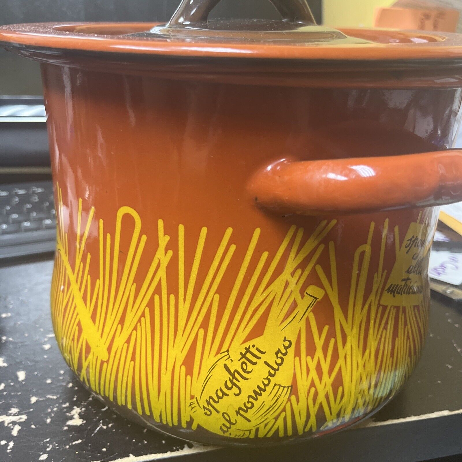 Vintage Orange Enamel Spaghetti Pasta Pot