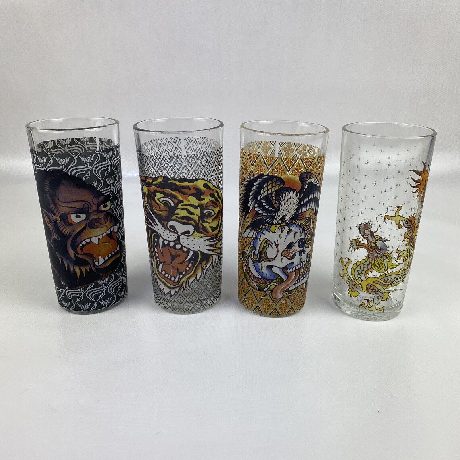 Vintage Don Ed Hardy Designs 6.25 Inch Glasses Set of 4 - Excellent Condition