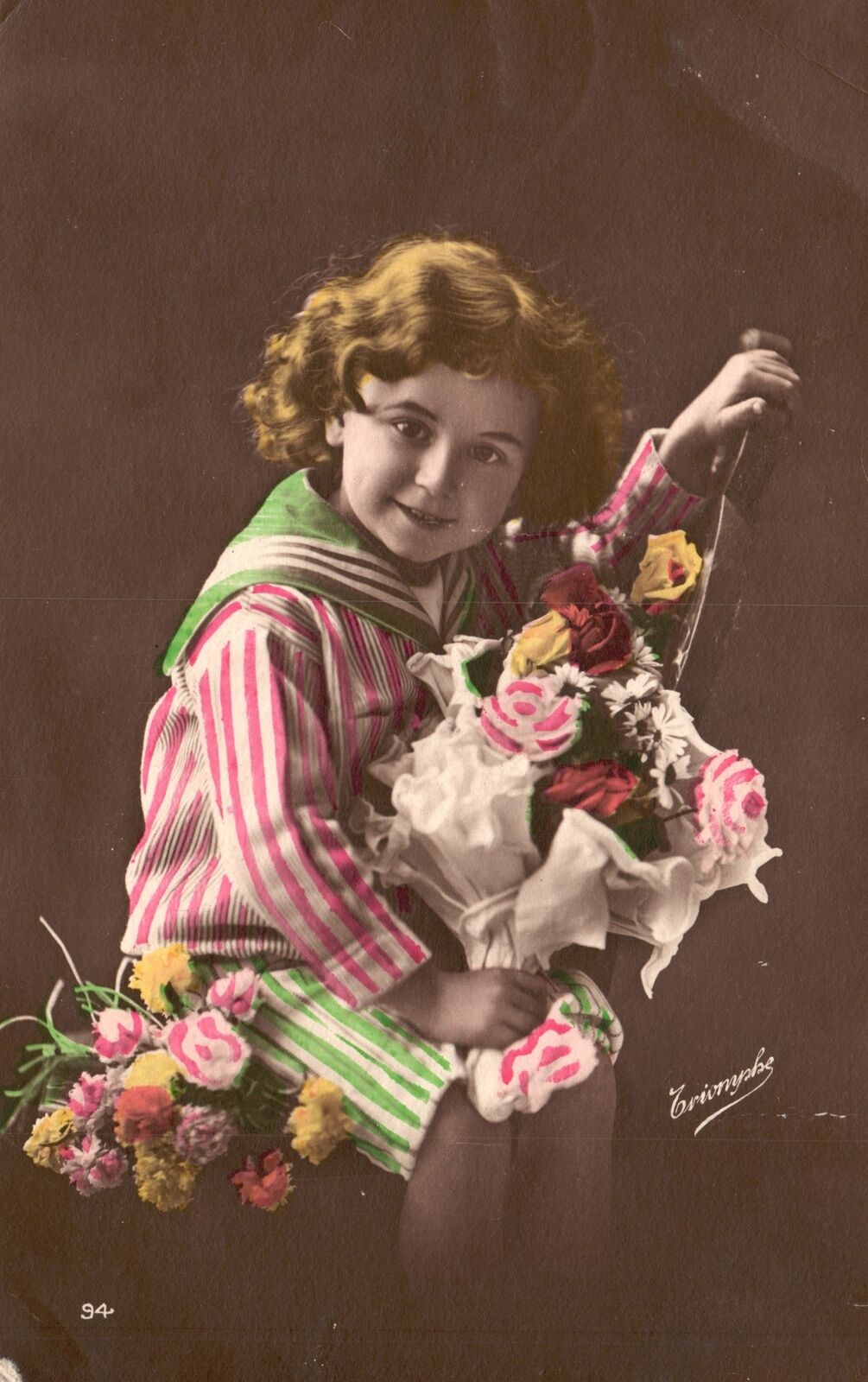 Vintage Postcard Beautiful Little Girl Curly Hair Cute Smile Flower Bouquet