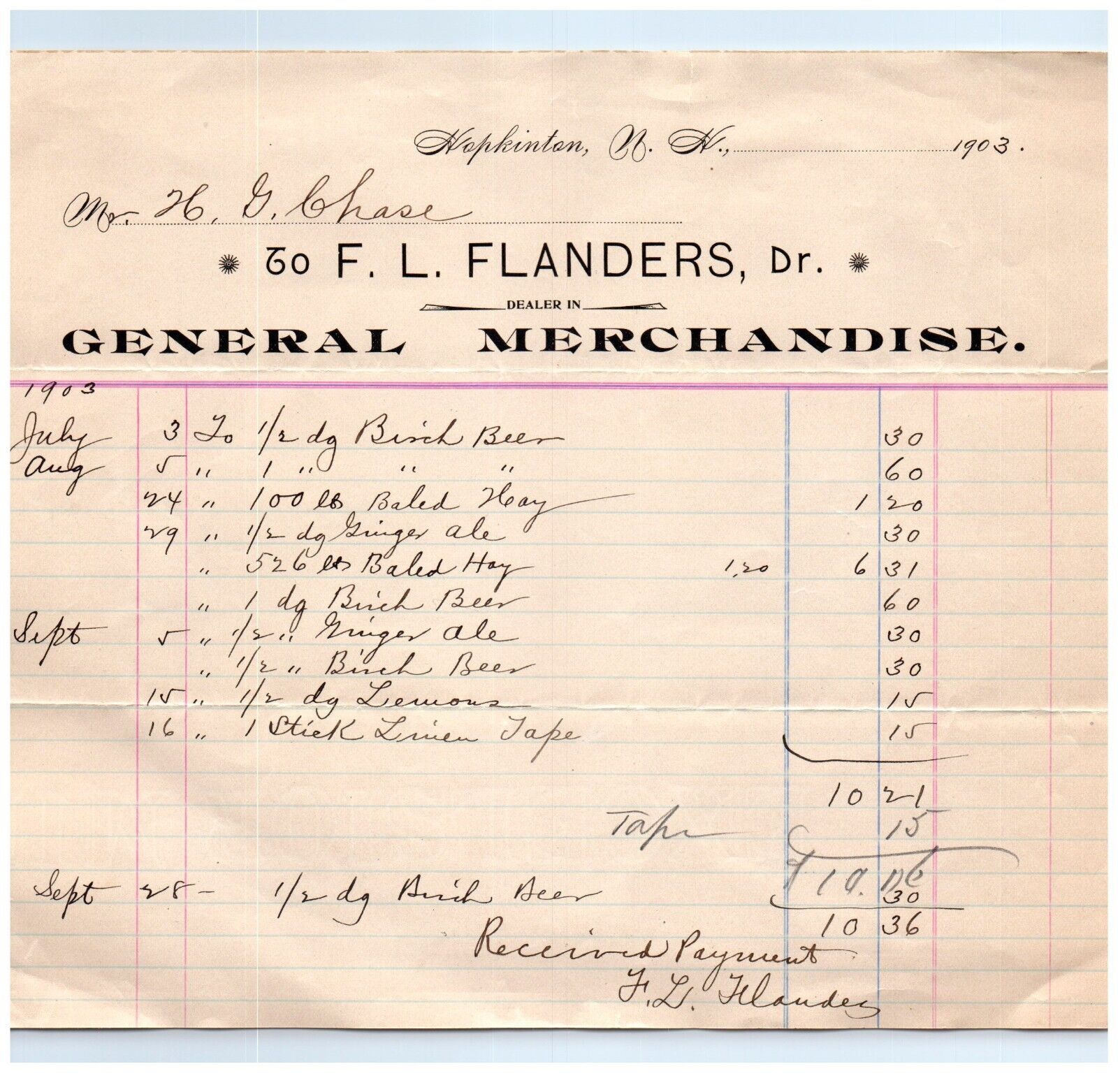 Hopkinton NH F.L. Flanders General Merchandise 1903 Letterhead Receipt H.G Chase