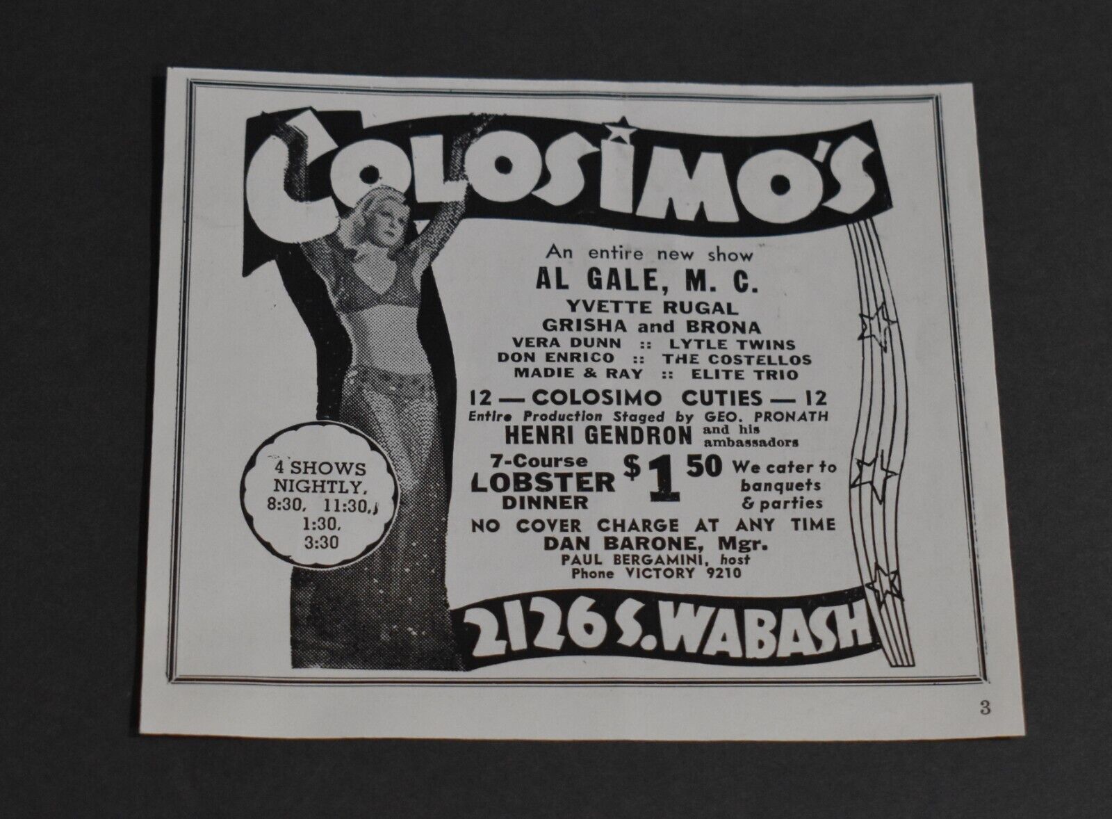 1938 Print Ad Colosimo's 2126 S Wabash Chicago Night Club Yvette Rugal Grisha