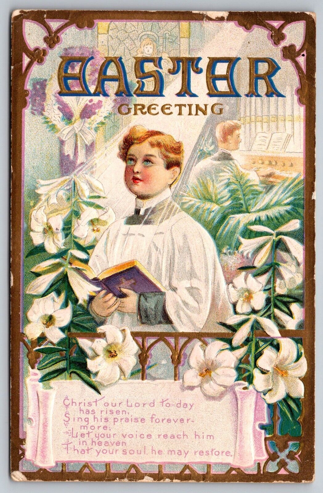 Easter Greeting Religious Alter boy PostCard posted 1909
