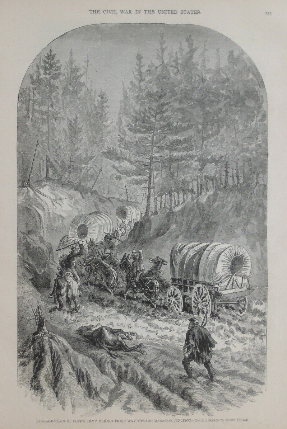 Original Civil War Lithograph GEN'L POPE'S BAGGAGE-TRAIN Wagons Horses Teamsters