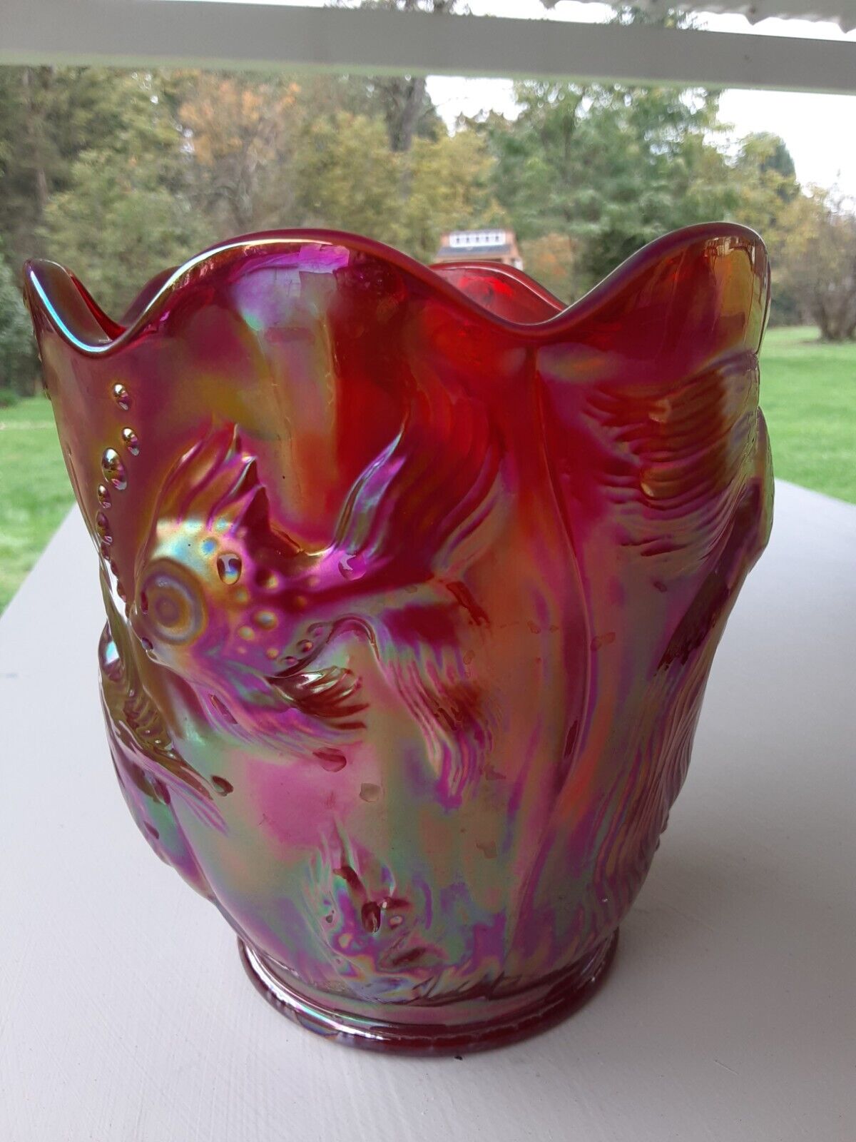 Vintage 80's gorgeous fenton ruby red carnival glass Atlantis koi vase