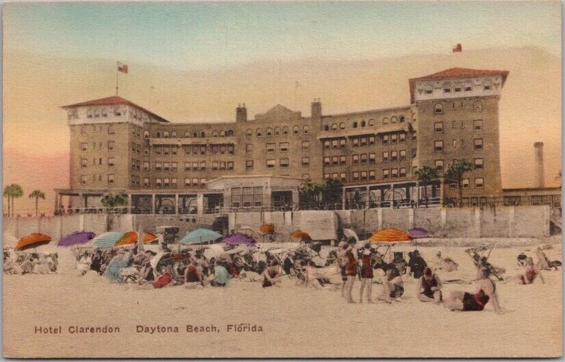 c1930s DAYTONA BEACH Florida Postcard HOTEL CLARENDON Hand-Colored Albertype