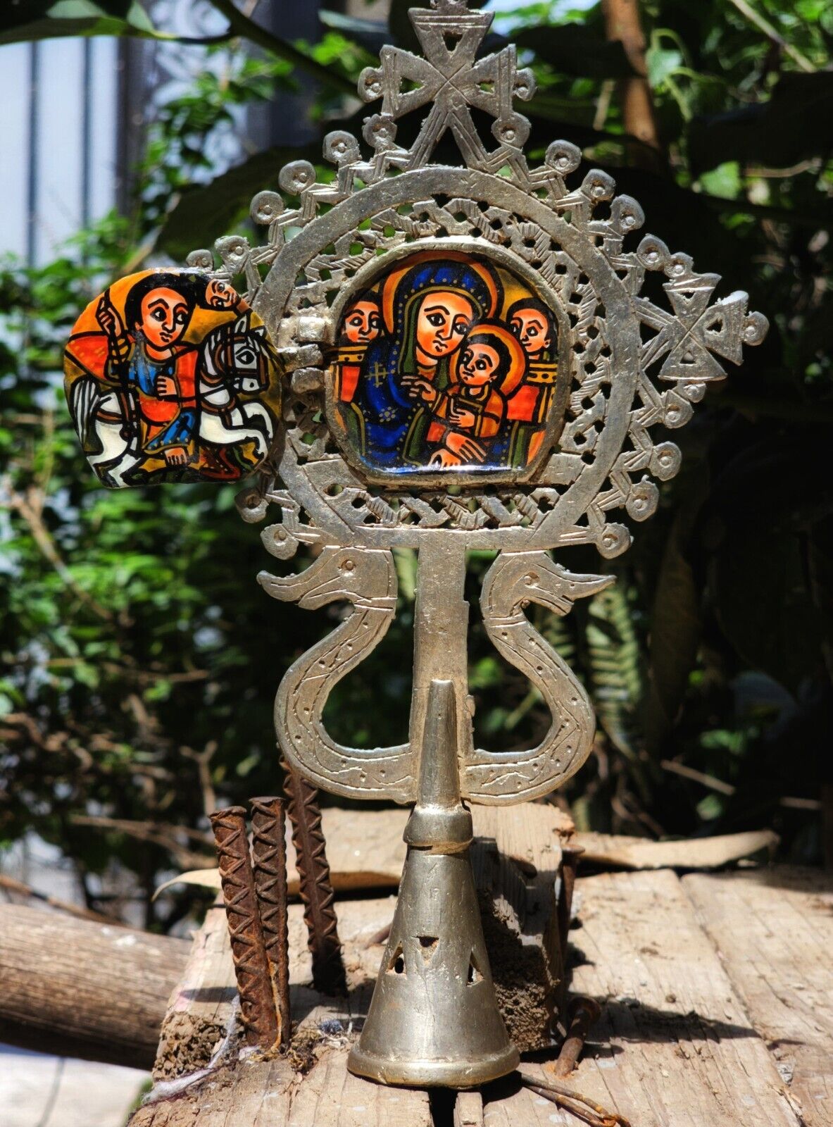 Vintage Ethiopian Orthodox Icon Cross Handmade Processional  Ethiopia Christian