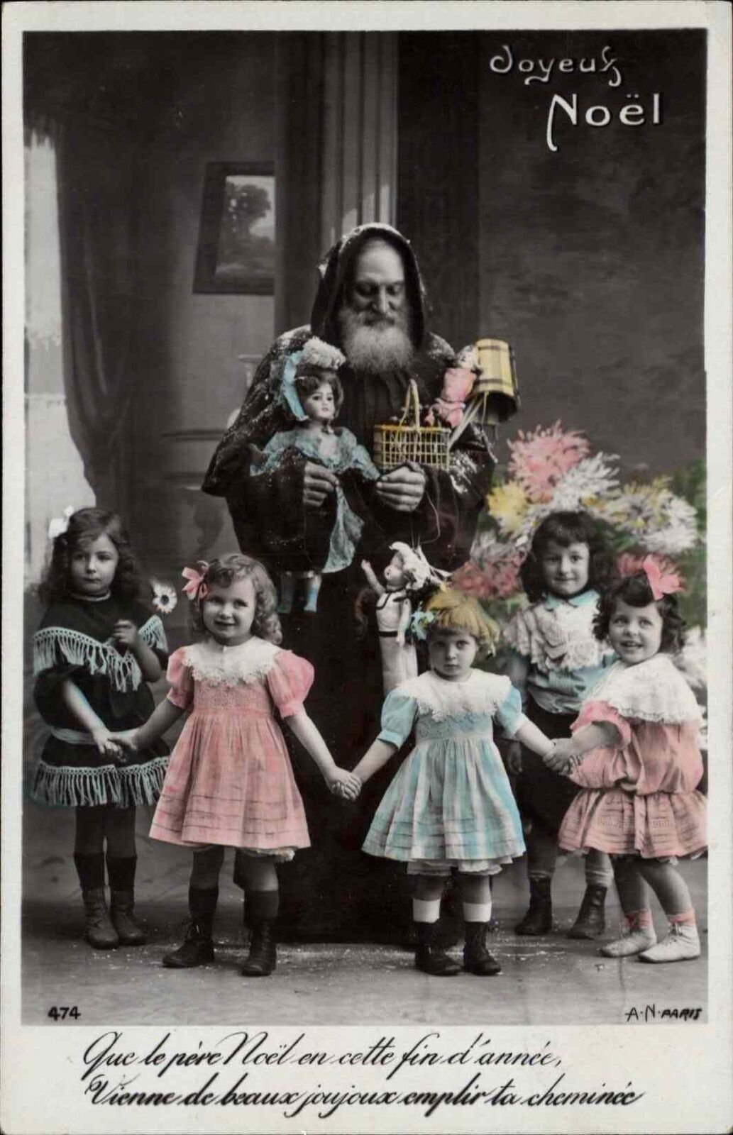 1907 French Christmas Tinted RPPC Santa Pere Noel Antique Doll Little Girls
