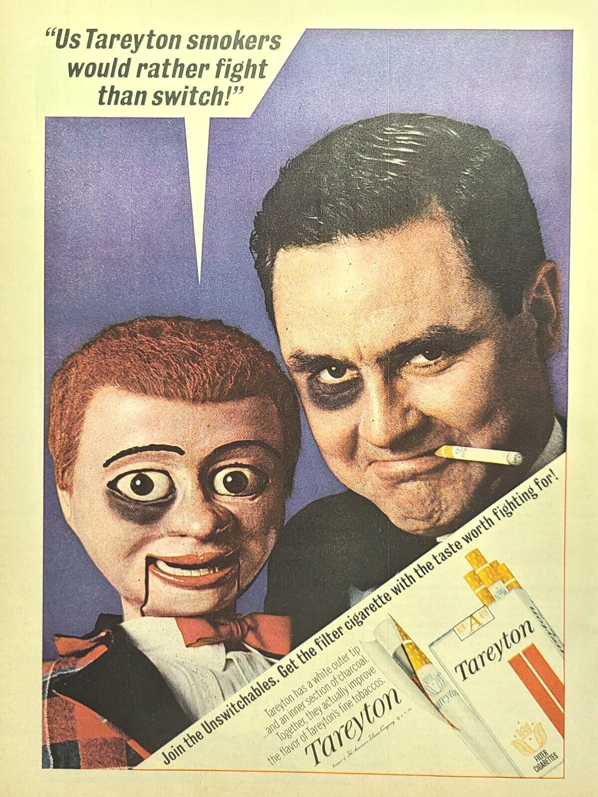 Tareyton Cigarettes Ventriloquist Dummy Black Eyes Vintage Print Ad 1965