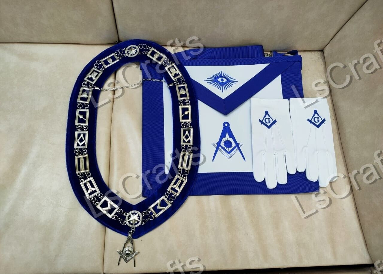 Masonic Regalia Blue Lodge Officer Senior Deacon Apron, Silver Chain Collar, Jew