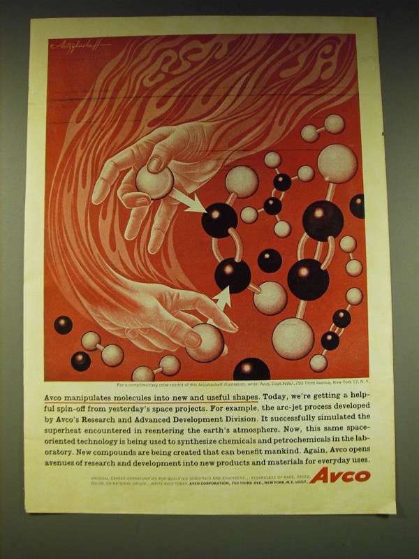 1963 Avco Corporation Ad - Artzybasheff Illustration -  manipulates molecules