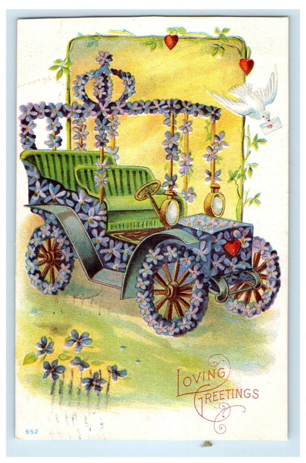 1908 Valentine Loving Greetings Pansy Flower Car Dove Embossed Postcard