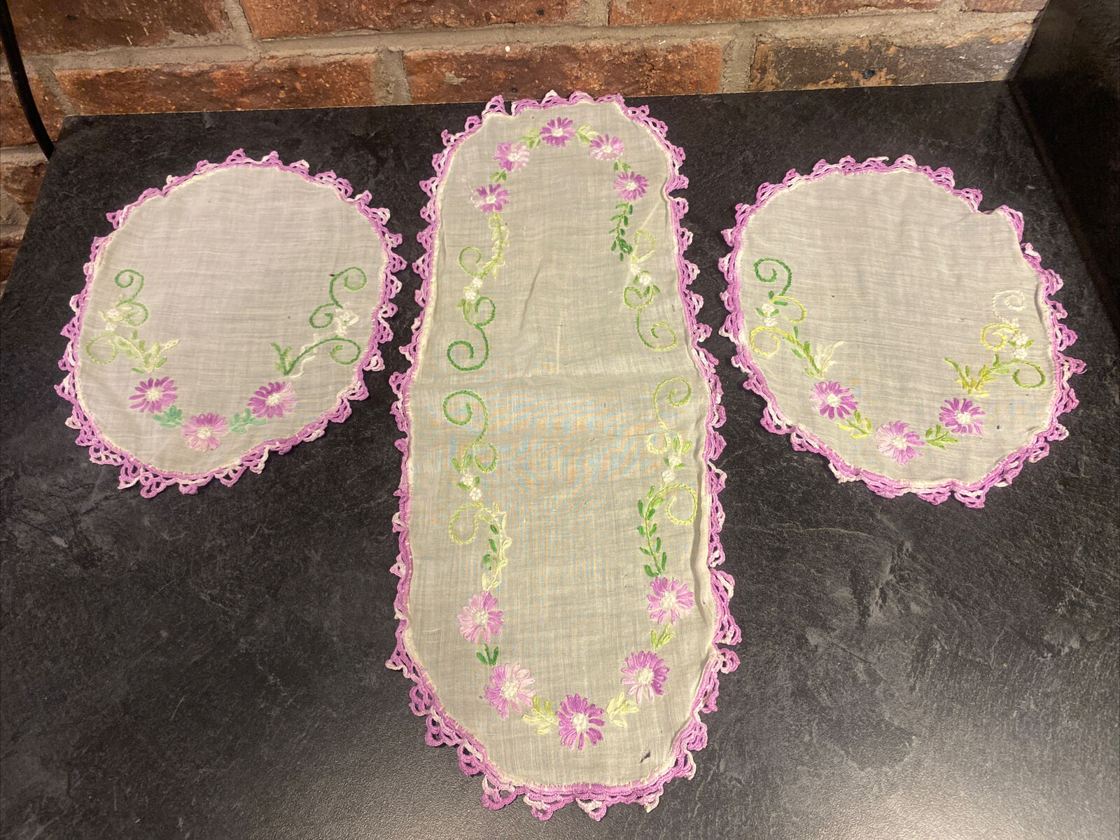 Set Of 3 Dainty Vtg Matching Doilies With Purple Trim & Embroidered Flowers 