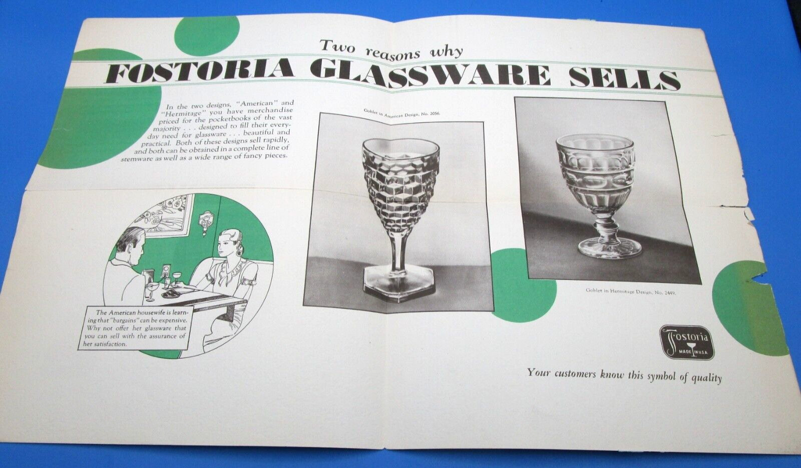 FOSTORIA GLASS Industry LEAFLET For Retailers AMERICAN & HERMITAGE Circa 1930s
