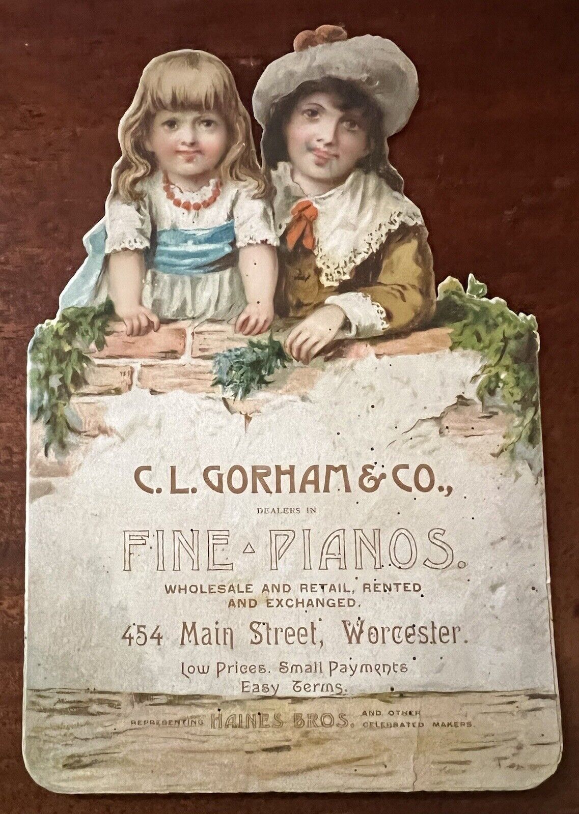 ATQ c.1890 Gorham Pianos Victorian Trade Card Girls Secret Double-Sided Diecut