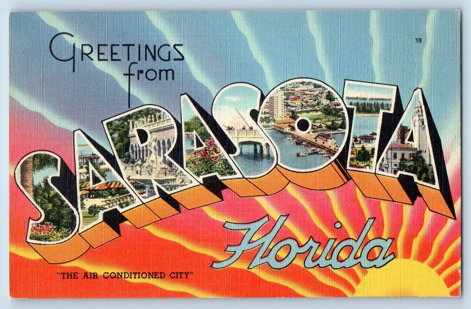 c1940 Greetings From Sarasota Airconditioned City Florida Correspondence Postcar