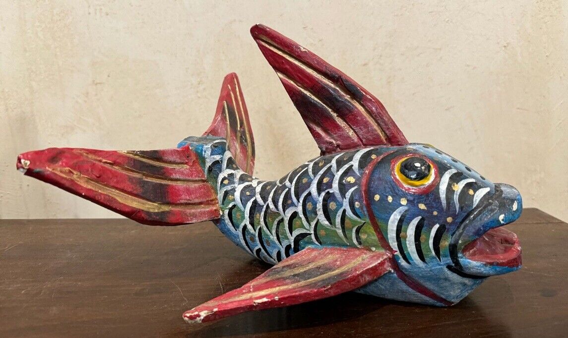 African Bozo Fish Puppet Wood Statue Handmade Primitive Collectibles Large 11”