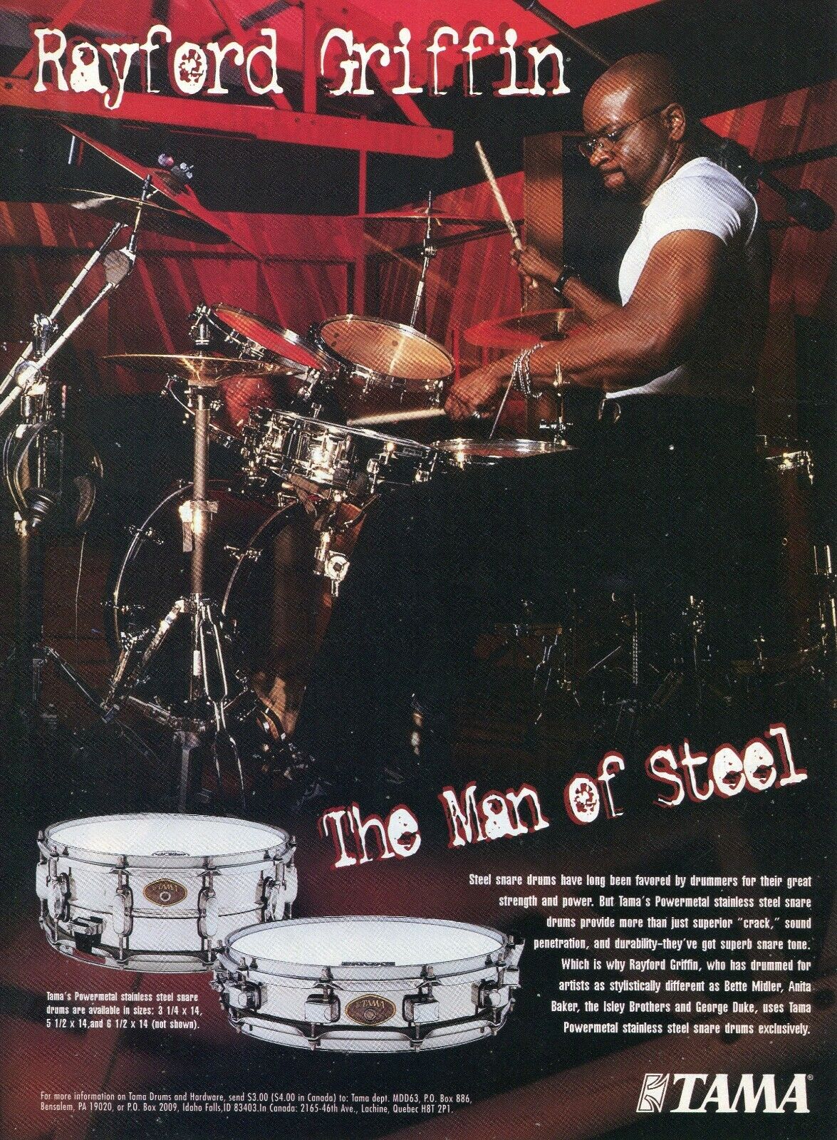 1997 Print Ad of Tama Powermetal Steel Snare Drums w Rayford Griffin