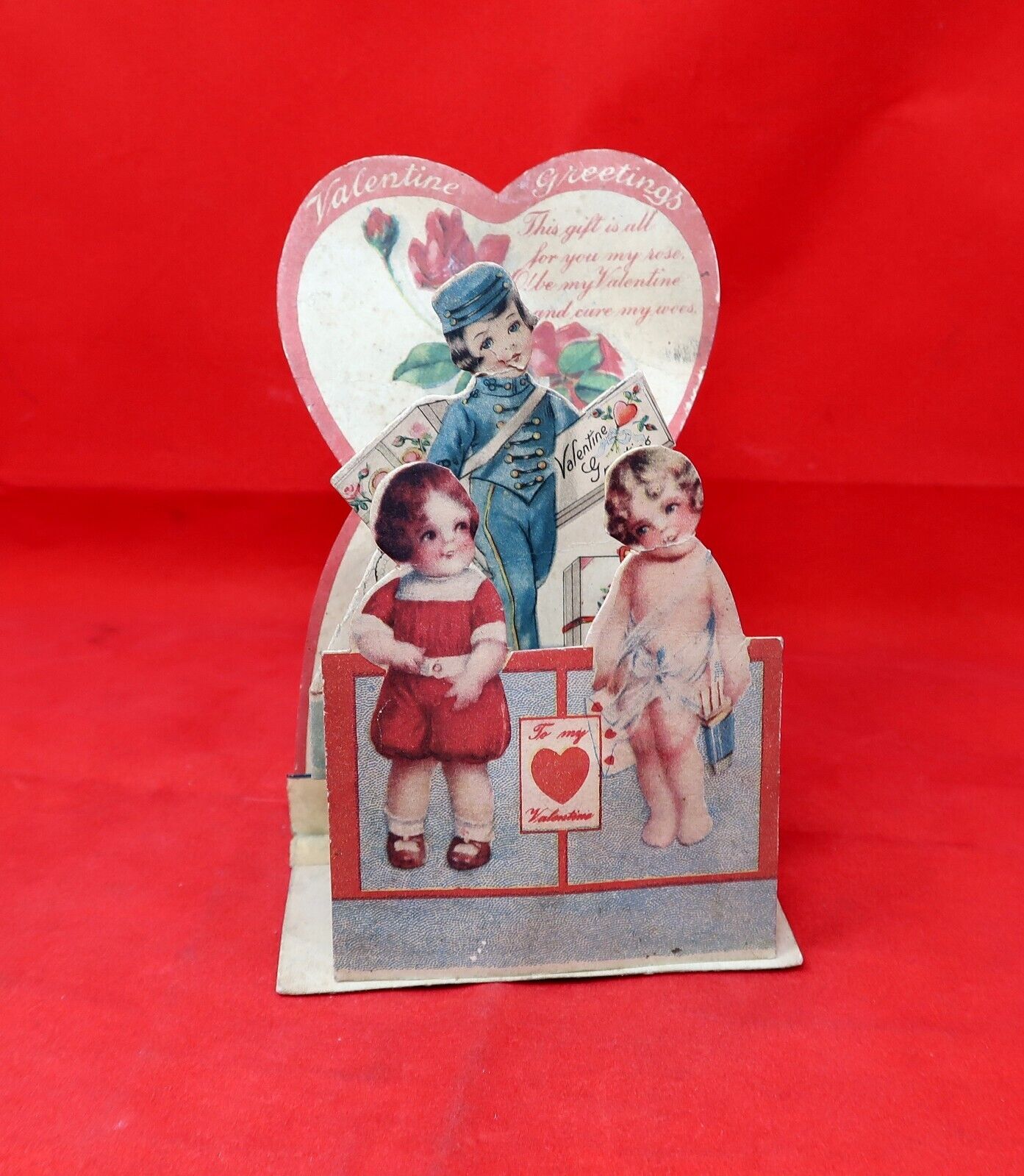 c1930s Valentine Fold-Out Greeting Card, Cupid And Mail Lady