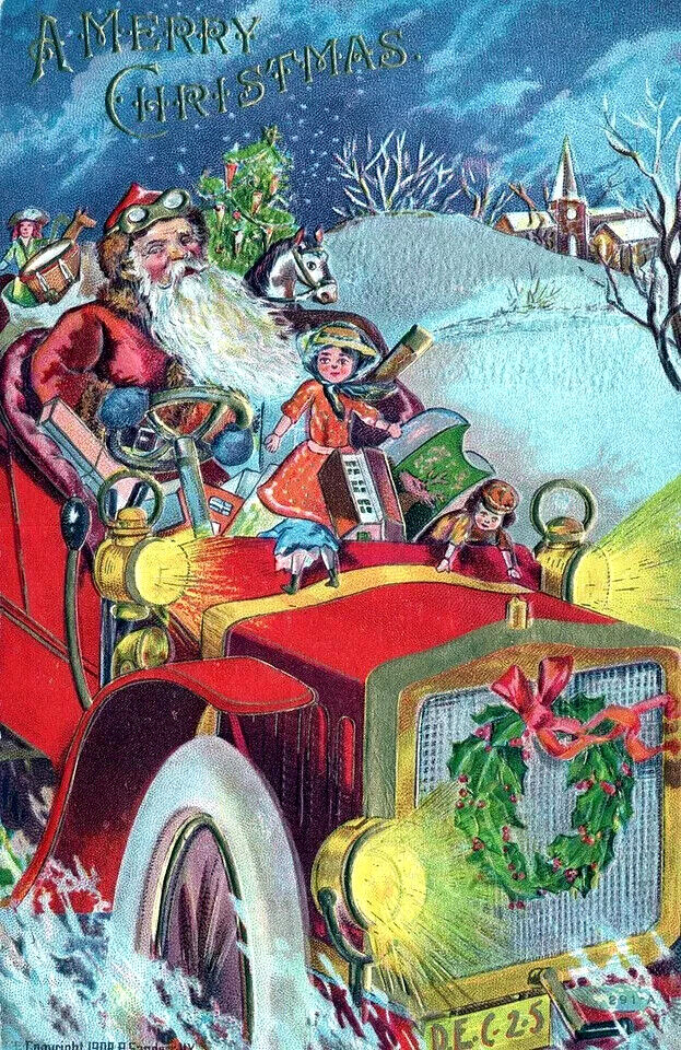 Santa Claus in Old Car Full Of Toys~Wreath ~Antique Christmas Postcard~k-701