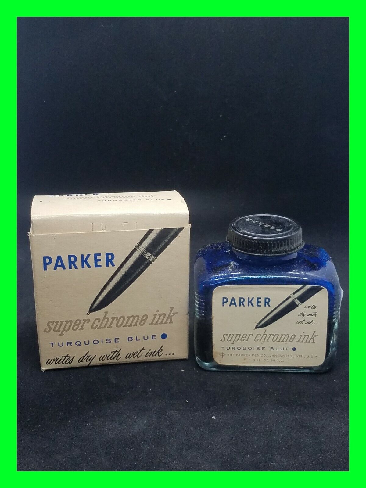 Original Vintage Parker Super Chrome Blue-Black Ink With Original Box Half Full 